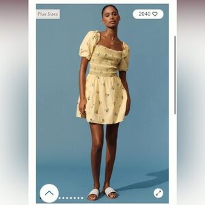 By Anthropologie Puff-Sleeve Square-Neck Smocked Mini Dress